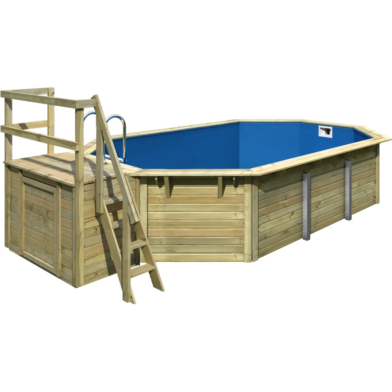 Karibu Holzpool X4 mit blauer Innenhülle, Leiter und Holzdeck.