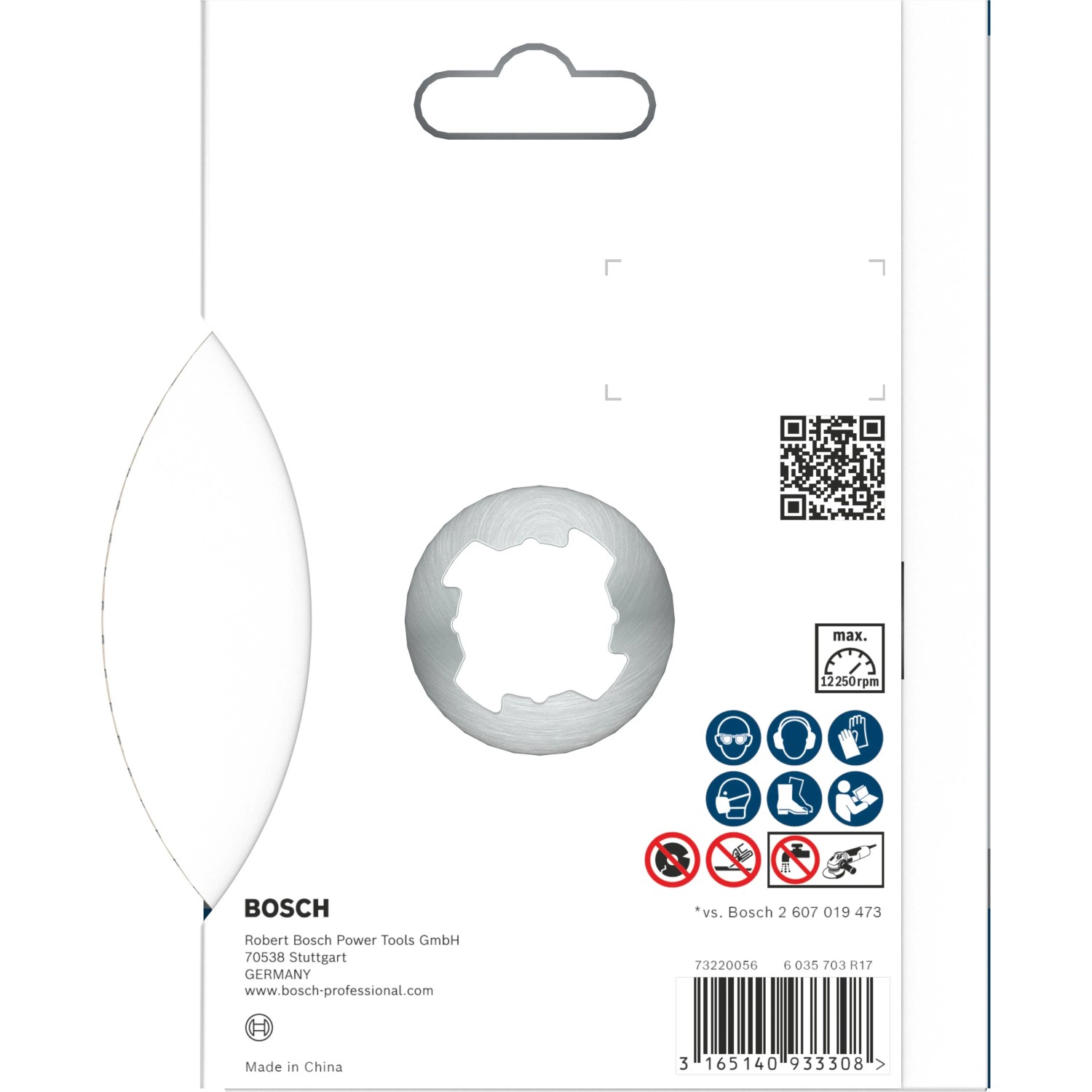 Bosch X-Lock Diamanttrennscheibe für Winkelschleifer: Rückseite der Verpackung mit X-Lock Aufnahme, Sicherheitshinweisen.