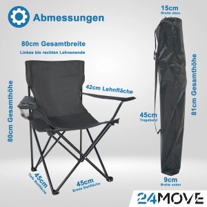 Schwarzer 24Move Campingstuhl mit Getränkehalter und Tragetasche. Faltbarer Outdoor-Klappstuhl bis 100kg.
