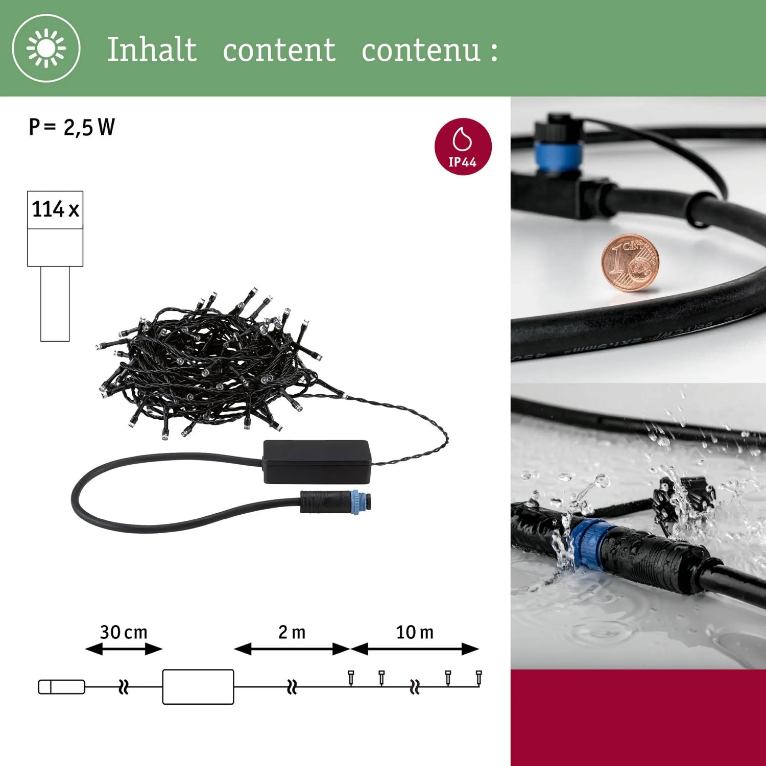 Paulmann LED-Lichterkette Yuna Plug & Shine, 10 m, schwarz, 114 LEDs, IP44 Spritzwasserschutz.