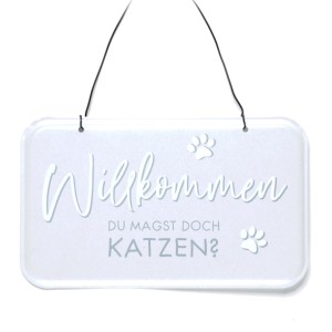 Graues Metallschild "Willkommen, du magst doch Katzen?" mit Katzenpfoten, 20x12cm, Gartendeko.