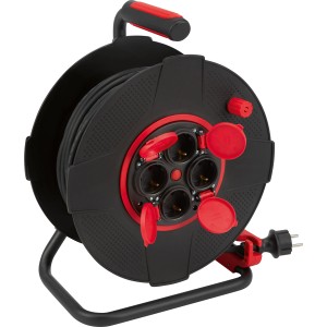 Schwarze Kabeltrommel mit 40 m rotem Kabel, 4 Steckdosen und Tragegriff.