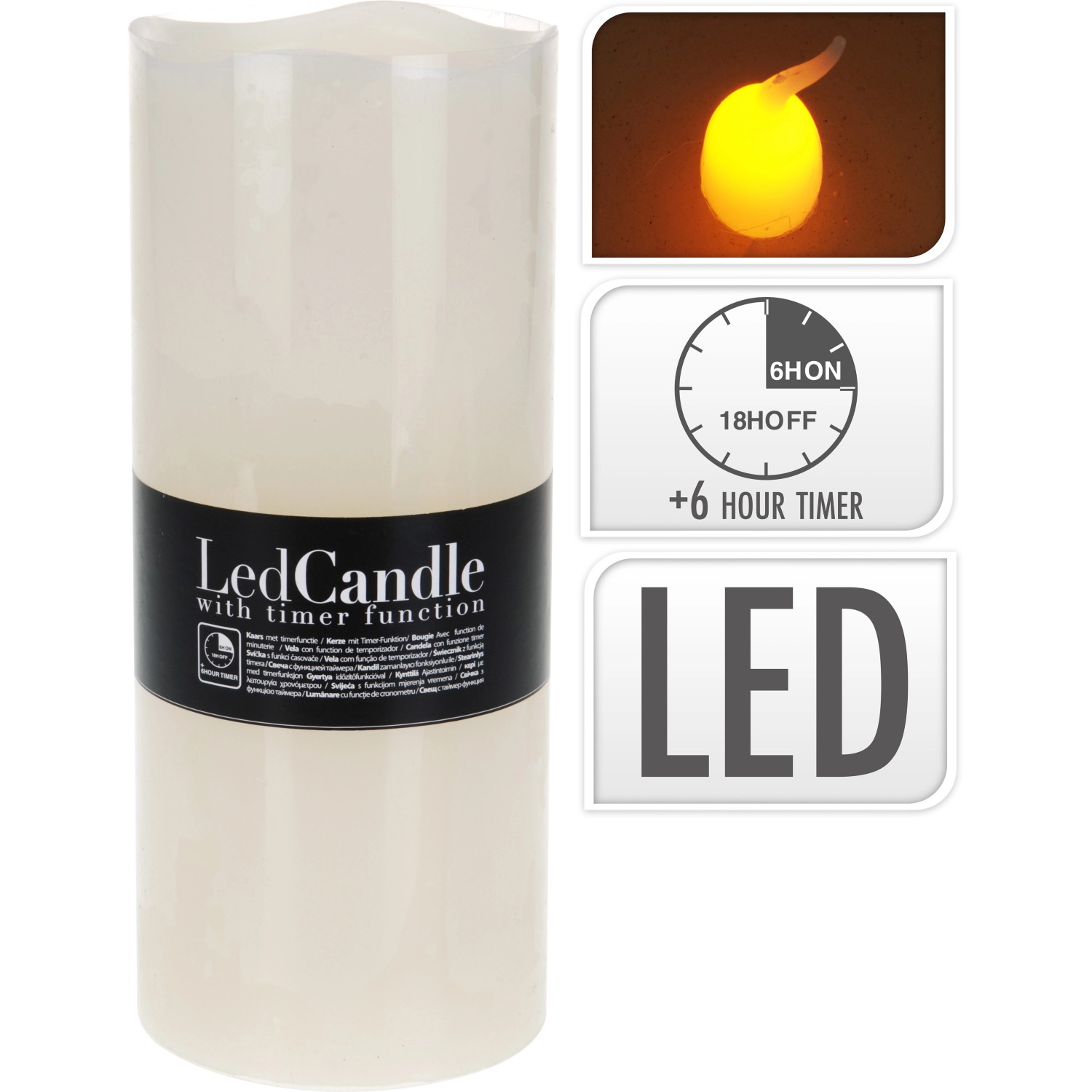 Elfenbeinfarbene LED-Kerze, 30 cm hoch, mit Flackerlicht und Timer-Funktion.