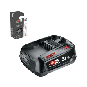 Schwarzer Bosch 18V 2,5 Ah Akku für Elektrowerkzeuge mit rotem Knopf und ALLIANCE Logo, daneben die Produktverpackung.