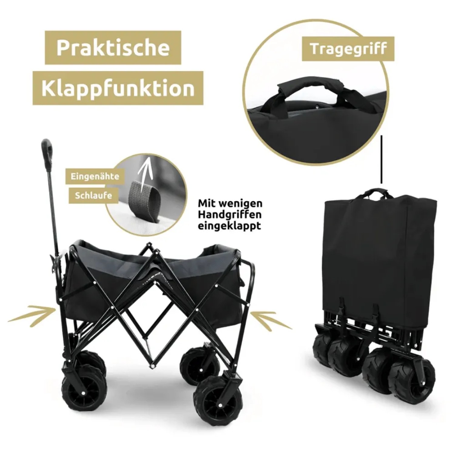 Faltbarer, schwarzer Bollerwagen DELUKE mit breiten Reifen, zusammengeklappt und offen.