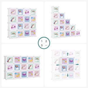 Songmics Kindergarderobe mit 16 Fächern, weiß mit Einhorn-Motiven, verschiedene Aufbauvarianten.