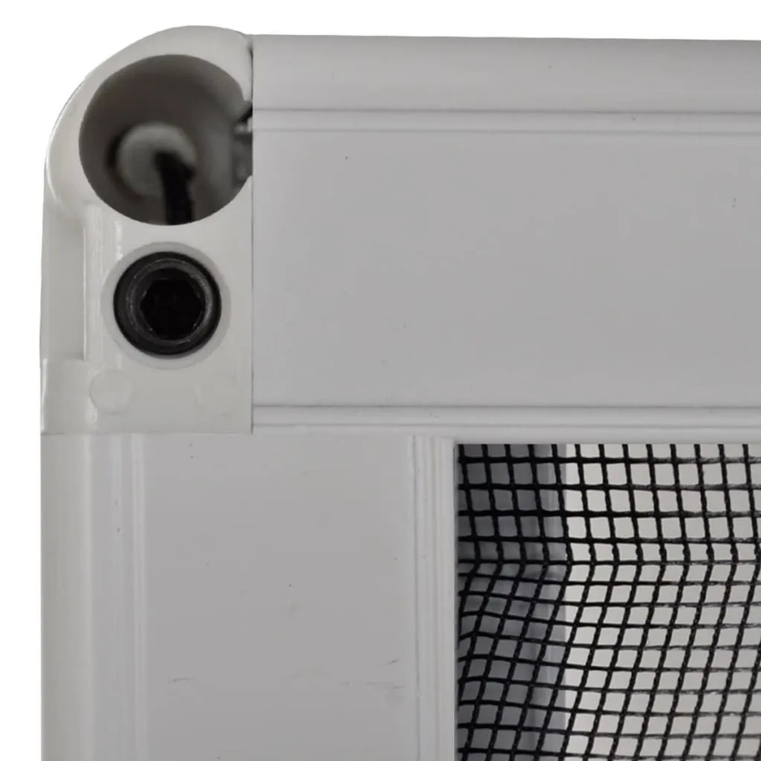 Detailaufnahme: Weißer Aluminiumrahmen mit schwarzem Fiberglas-Netz des vidaXL Insektenschutz-Plissees.