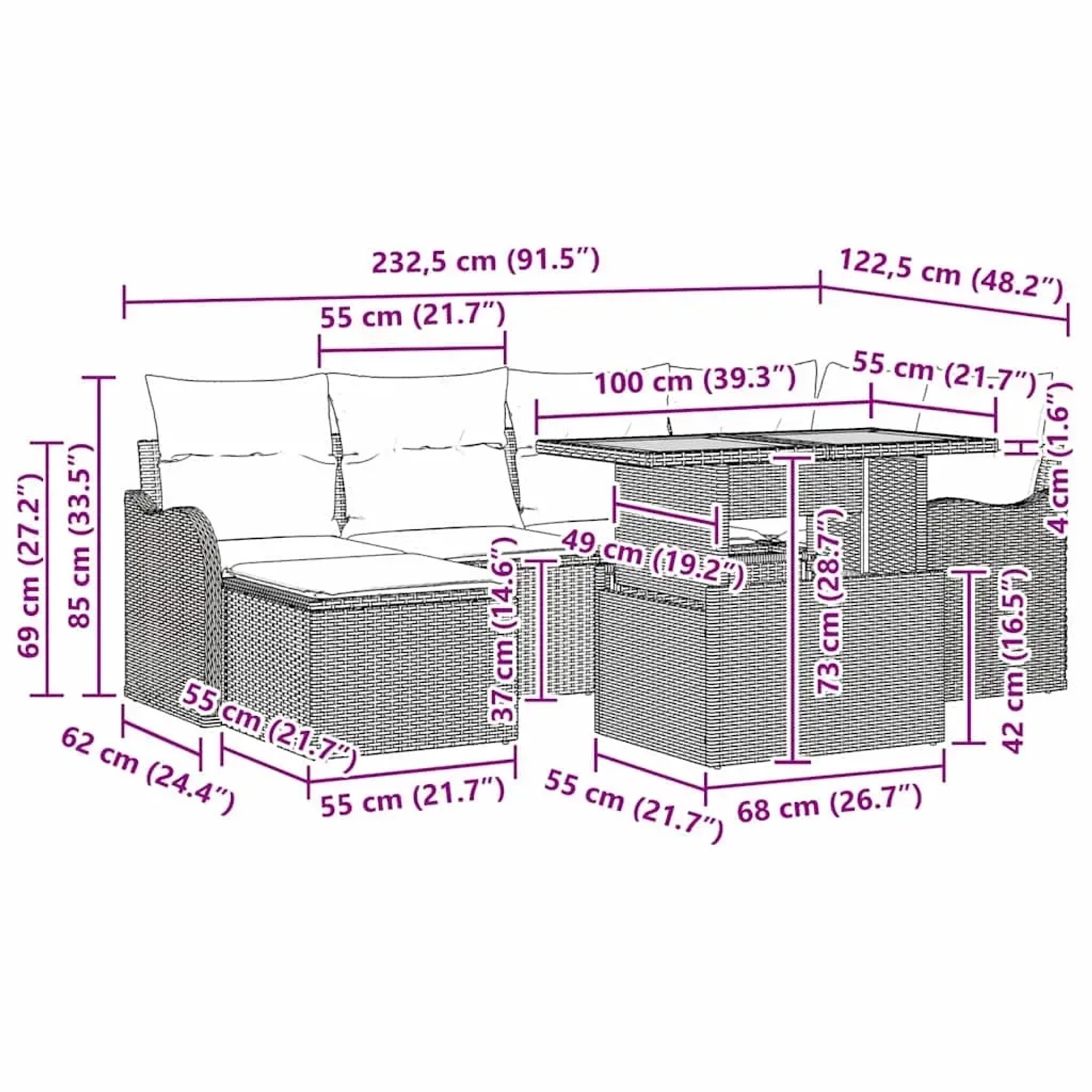 Beiges 7-teiliges Garten-Sofa-Set mit Stauraum aus Polyrattan, inklusive Tisch. Ideal für Terrasse und Garten.