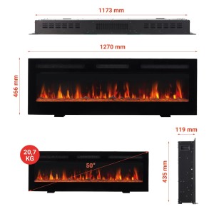 Detailansicht Kaminio Elektrokamin Marlon 3in1 50 Zoll mit Maßangaben.