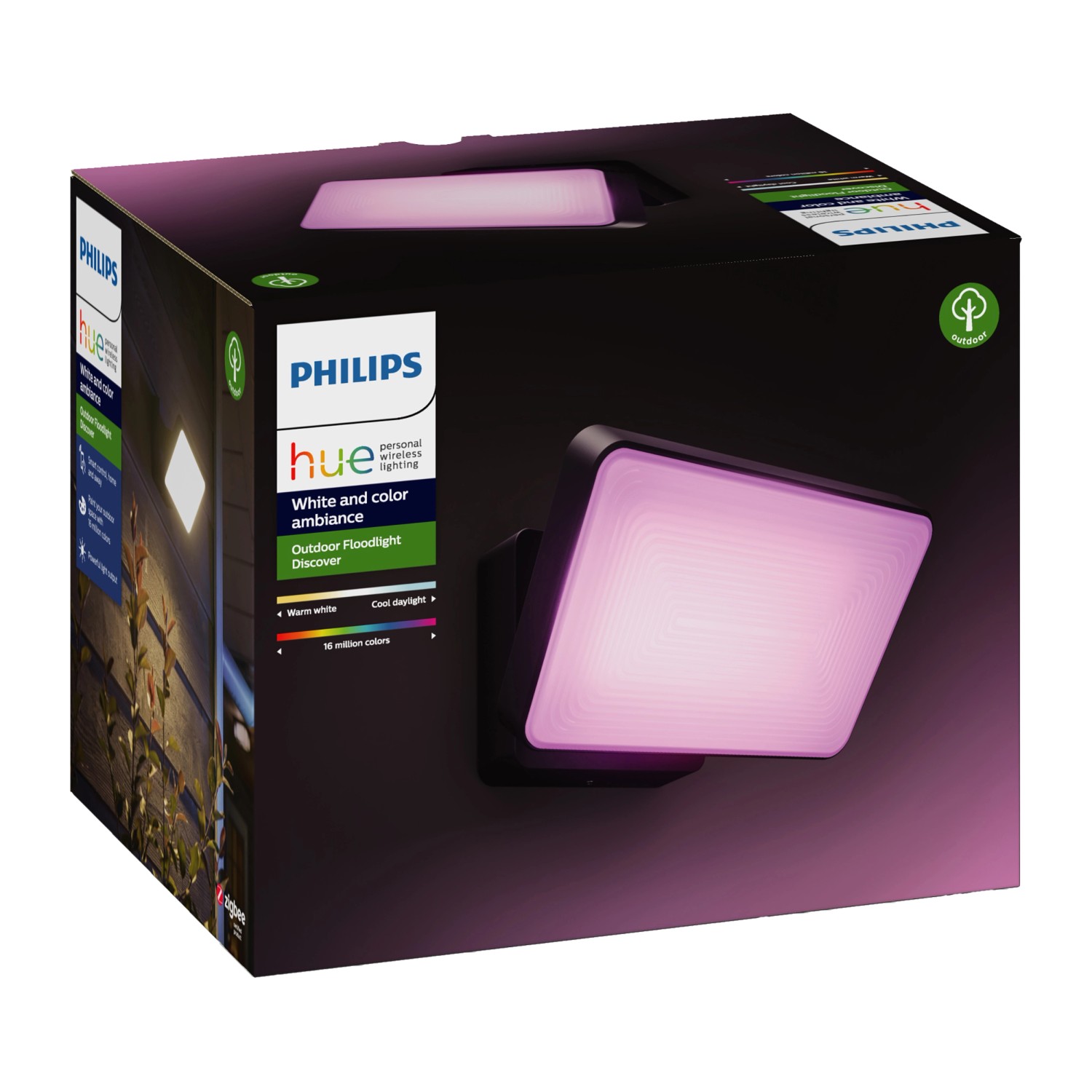 Verpackung der Philips Hue Discover LED-Wandleuchte mit Farbwechsel, geeignet für den Außenbereich.