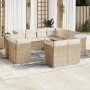 Beige 11-teilige Garten-Sofagarnitur aus Poly Rattan mit Kissen.