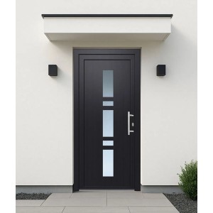 Anthrazitfarbene Kunststoff-Haustür mit Glaseinsätzen, 110x210 cm, Anschlag rechts.