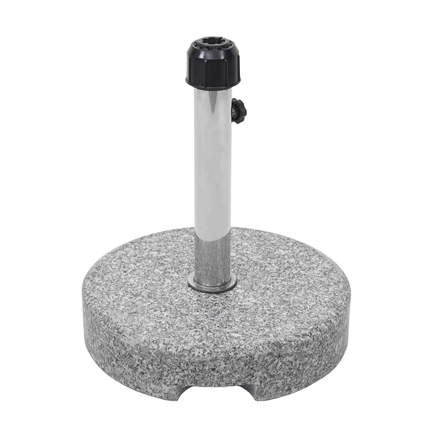 Runder, grauer MCW Sonnenschirmständer F92 mit Edelstahl-Halterung und polierter Granitplatte.