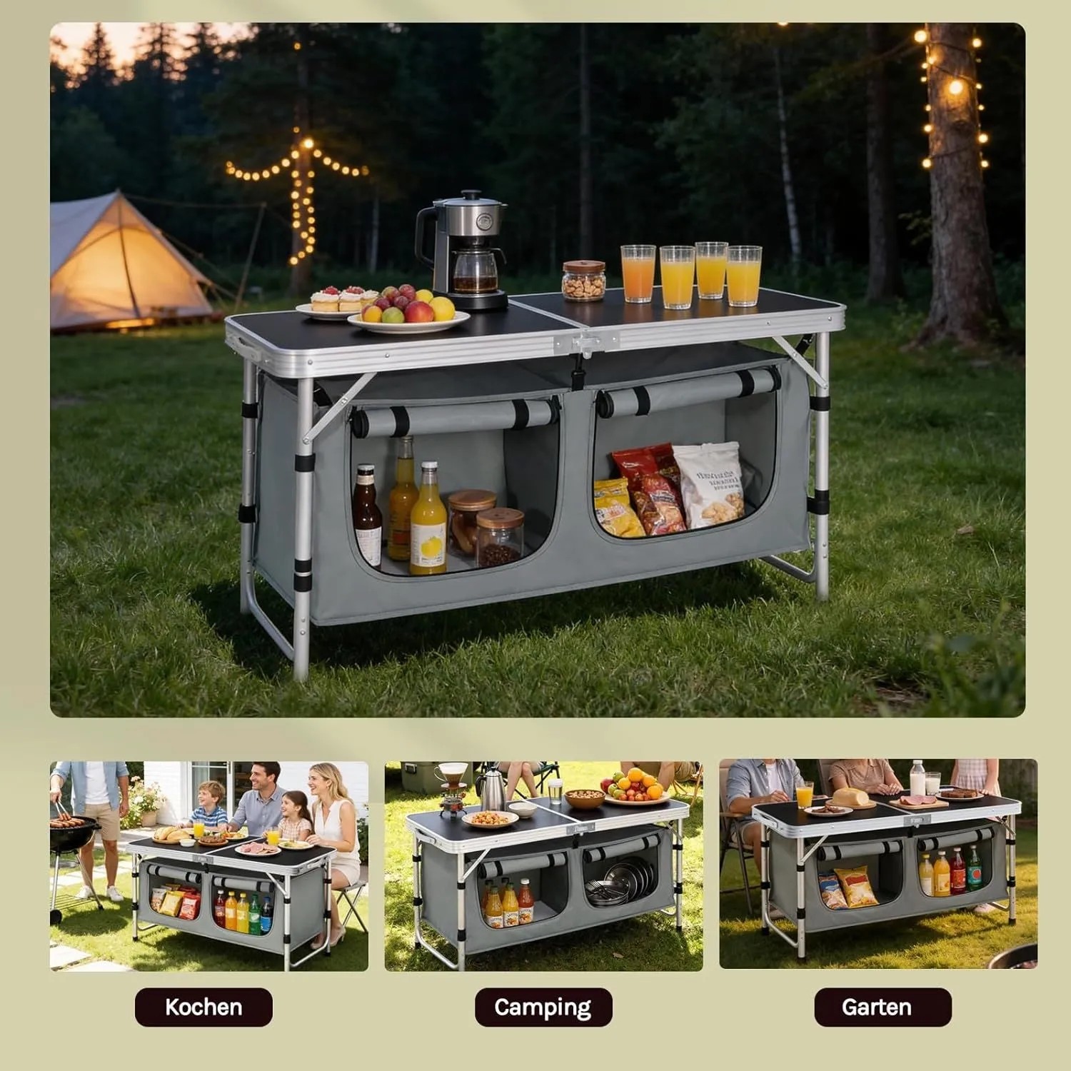 WOLTU Campingtisch, höhenverstellbar, mit Stauraum, schwarz-grau. Ideal für Camping und Outdoor-Aktivitäten.