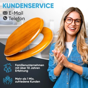 Sanilo WC-Sitz aus Holz mit Absenkautomatik, gezeigt mit Kundenservice-Informationen.