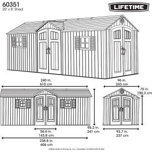 Skizze: Lifetime Gerätehaus Neptun, 14,8 m², dunkelgrau, Abmessungen und Details.