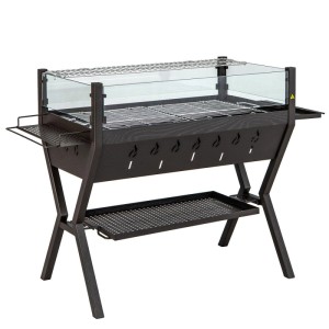 Dunkelbrauner Holzkohlegrill mit Glas-Windschutz, Edelstahlrosten, seitlichen Würzregalen und Ablage. Campinggrill.