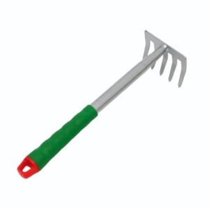 Galaflor Handrechen aus Stahl mit 5 Zinken, grünem Kunststoffgriff und rotem Aufhängeloch für Gartenarbeiten.