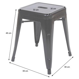 Weißer stapelbarer Metallhocker im Industriedesign, 46cm hoch. Sitzfläche 30x30cm, Basis 39x39cm.