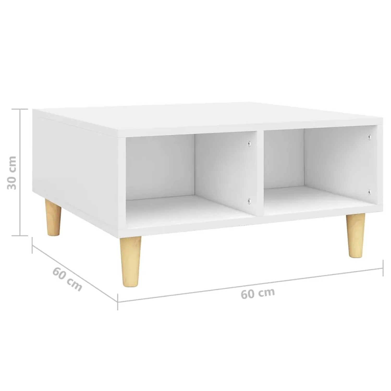 Weißer Couchtisch 60x60x30 cm aus Holzwerkstoff mit zwei offenen Fächern und hellen Holzbeinen.