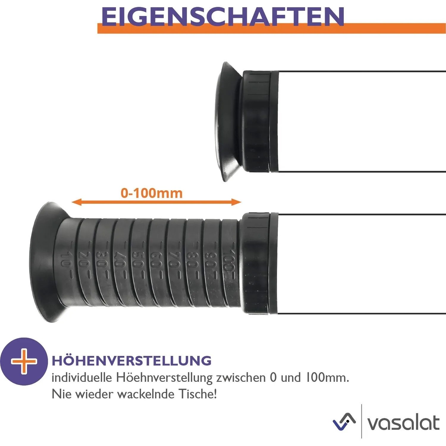 vasalat Set: Höhenverstellbare, runde Tischbeine in Edelstahl-Optik, 1100-1200 mm, 4 Stück.