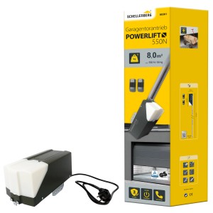Schellenberg Garagentorantrieb Powerlift 550N mit zwei Handsendern und Verpackung.