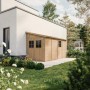Timbela Anbau-Gartenhaus M340 aus Holz, 8 m², ohne Seitenwand und Boden im Garten.