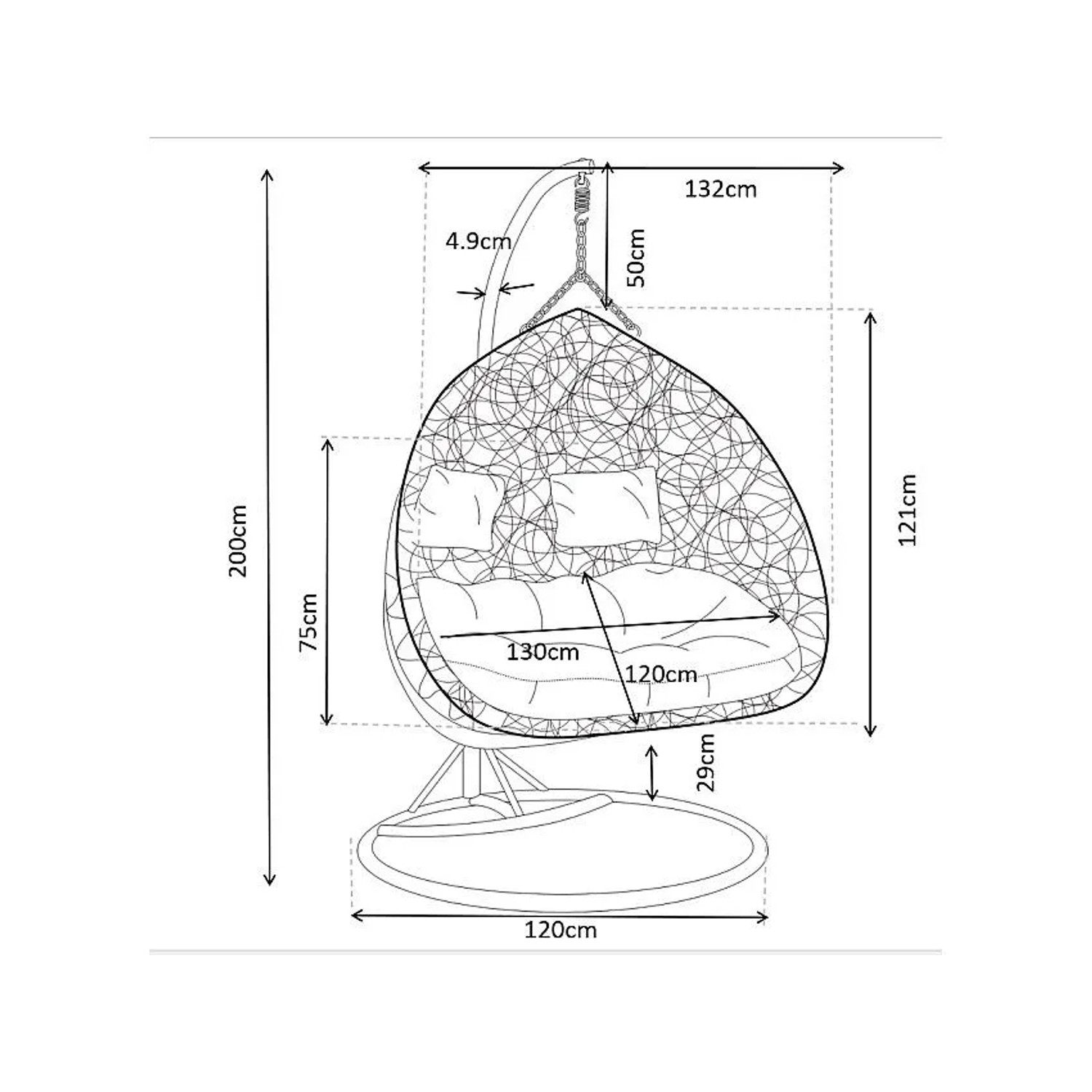 Technisches Diagramm des Vente-unique Hängesessels Cayambe Grau. Detaillierte Abmessungen: 120 cm Breite, 200 cm Höhe.