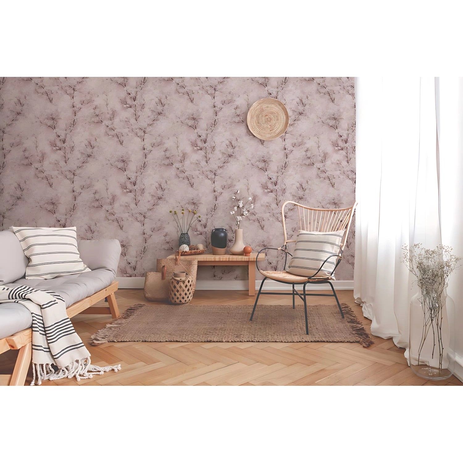 PROFHOME Blumen Tapete in Rosa, Braun und Weiß im Raumdekor.