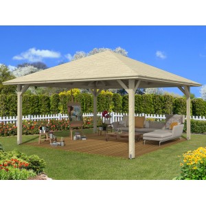 Unbehandelter Skan Holz Pavillon Cannes 4, 489x489 cm, im Garten mit Lounge-Möbeln und Staffelei.