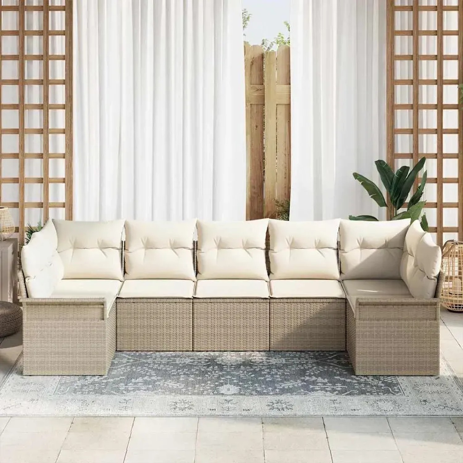 Beiges 7-teiliges vidaXL Garten-Sofa-Set aus Poly Rattan mit Kissen für Terrasse und Garten.