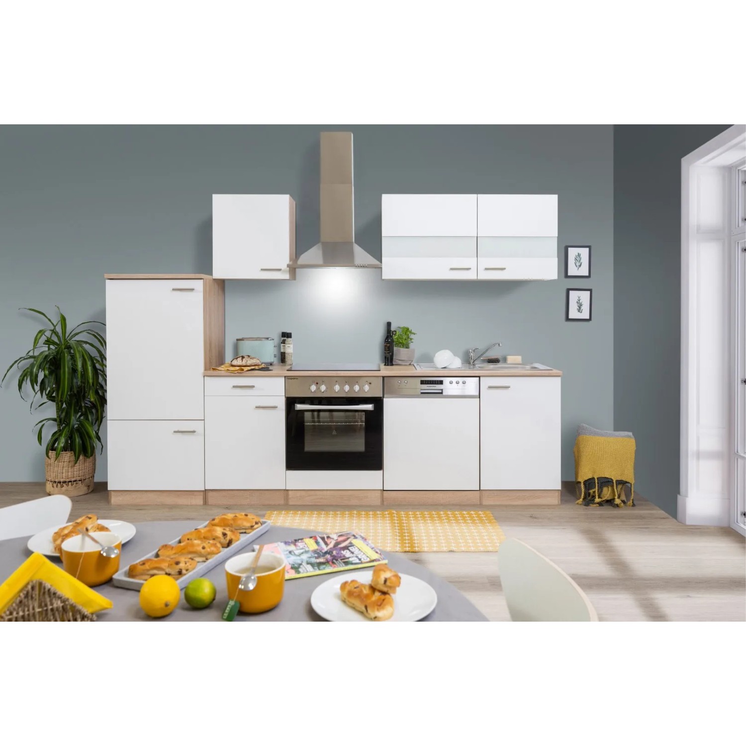 Respekta Küchenzeile KB280ESWC 280 cm Weiß-Eiche Sägerau