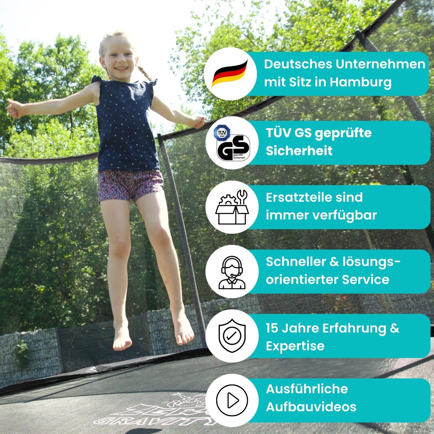 Mädchen springt auf Zero Gravity Gartentrampolin 366cm mit Sicherheitsnetz und Leiter.