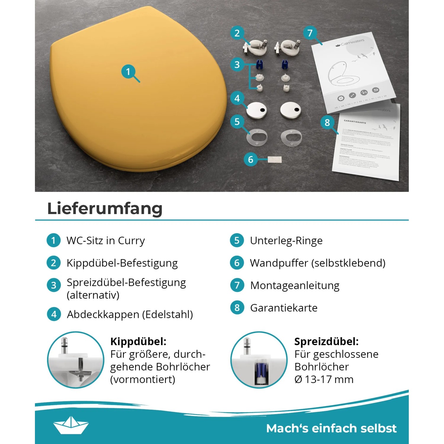 Curry-gelber Calmwaters WC-Sitz aus Duroplast mit Absenkautomatik und komplettem Montagezubehör. O-Form.
