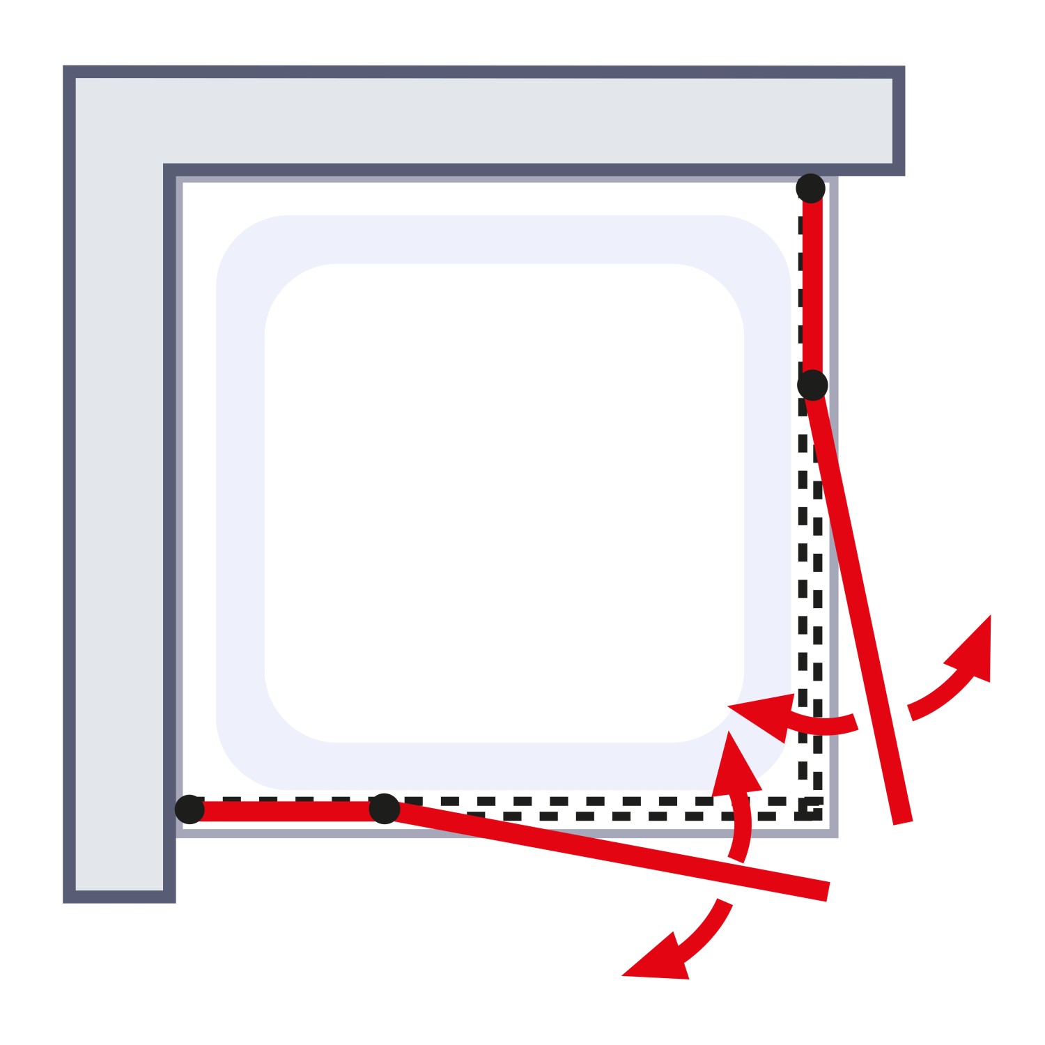 Skizze einer Schulte ExpressPlus Eckeinstieg Duschkabine AlexaStyle2.0, 90x90 cm, mit Drehtüren.