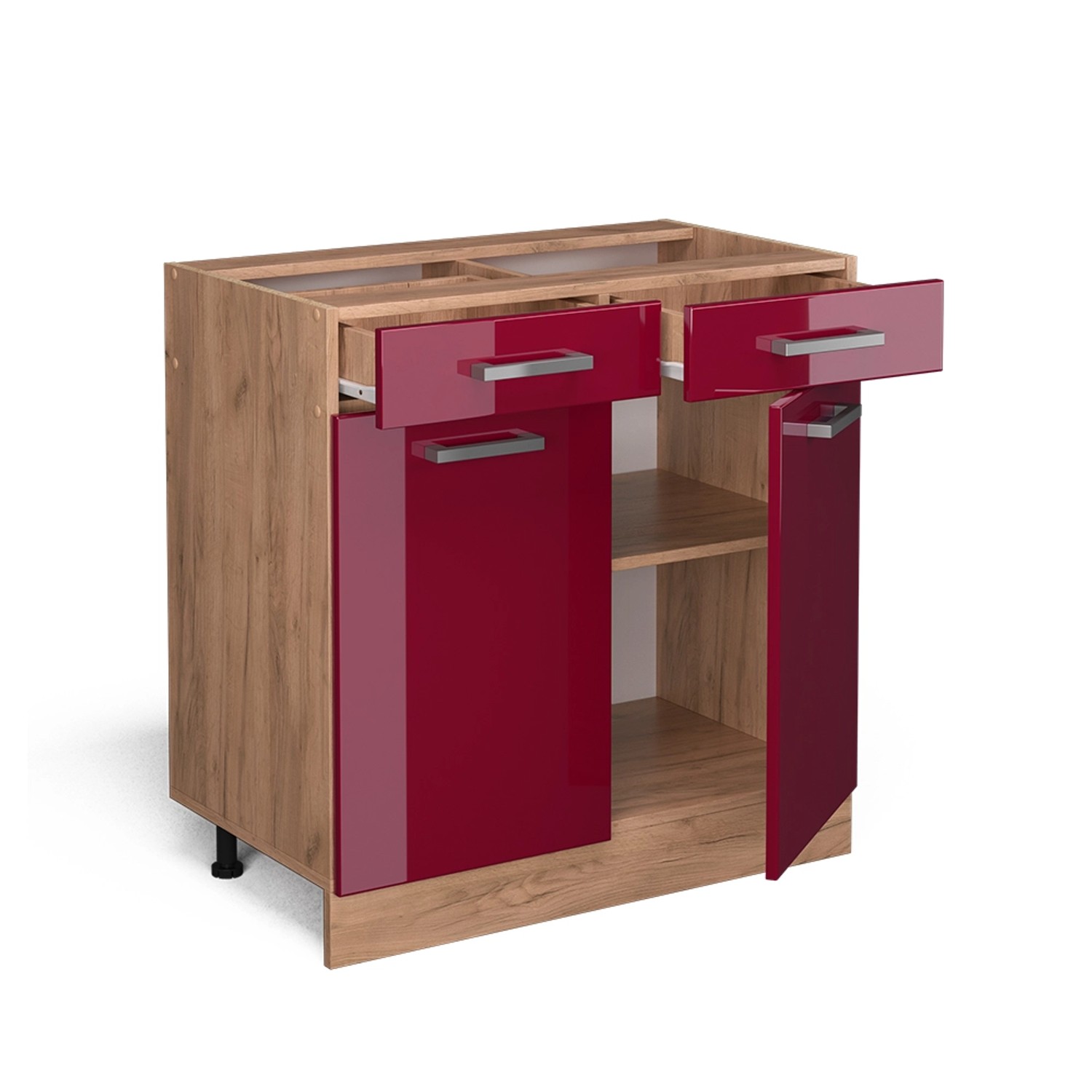 Vicco Küchenunterschrank R-Line, Bordeaux Hochglanz/Eiche, 80cm mit anthrazitfarbener Arbeitsplatte.