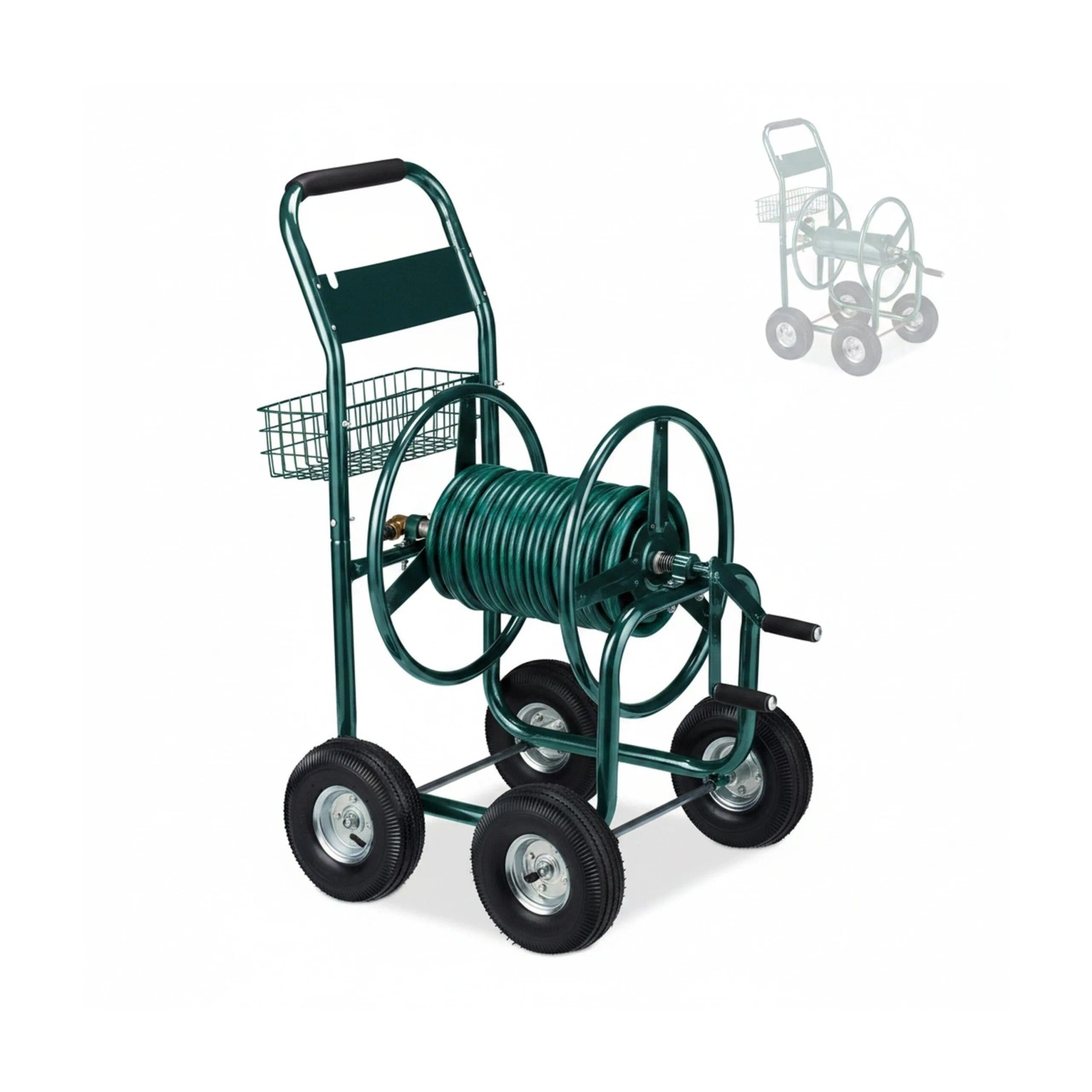 Relaxdays Schlauchwagen Metall Grün mit Kurbel 4 Räder 113 cm x 62 cm x 90 cm 18 kg