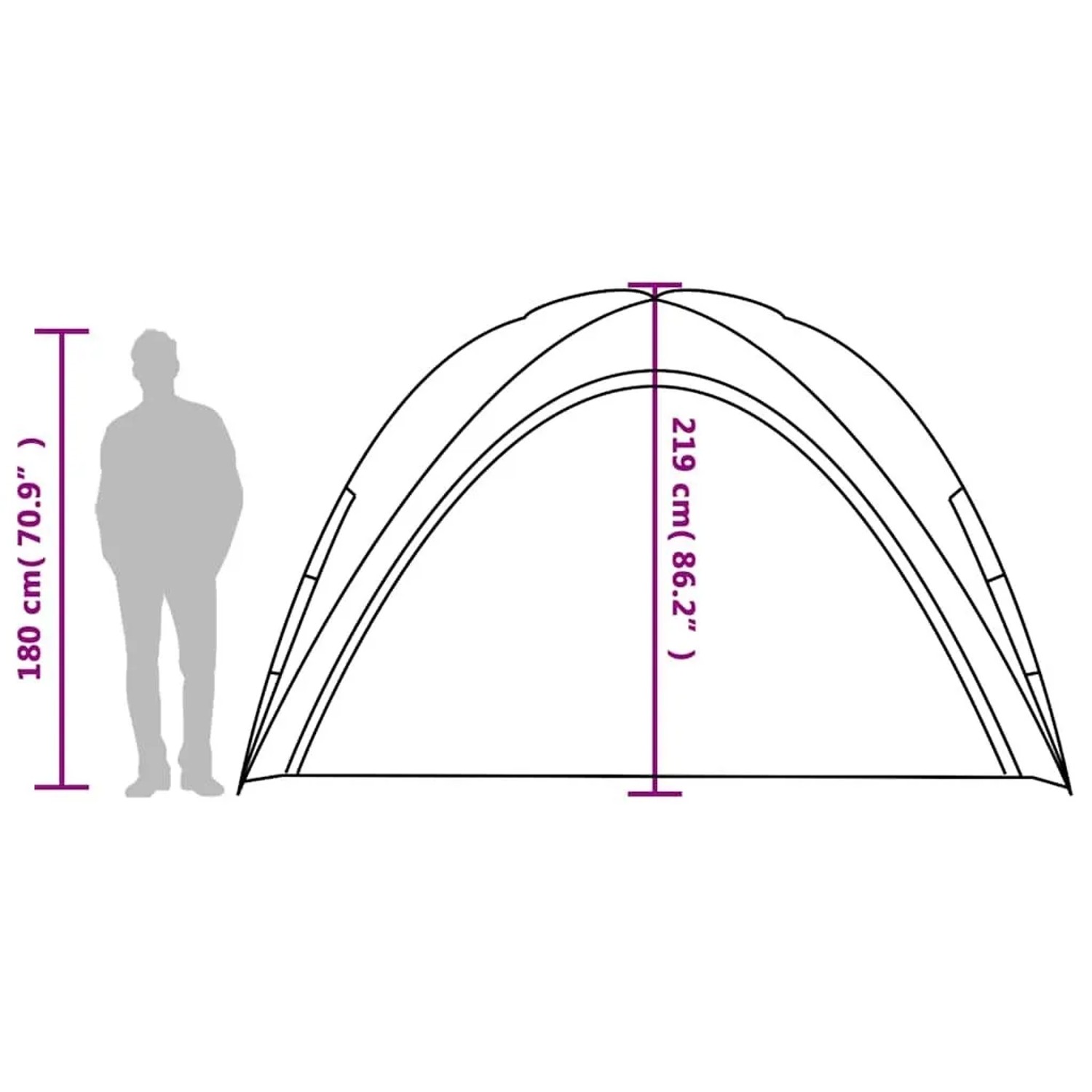 Maßzeichnung vidaXL Partyzelt, 219 cm hoch, mit Person als Größenvergleich. Pavillon.