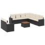 Schwarze 10-tlg. vidaXL Garten-Sofagarnitur aus Rattan mit cremeweißen Kissen und Tisch.