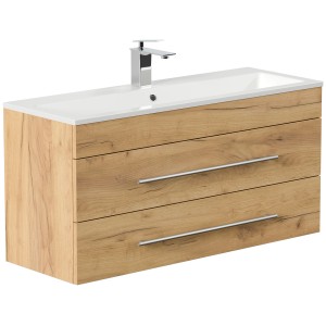 Posseik Badmöbel Portus 1000 SlimLine in Eiche Gold mit Waschbecken und zwei Schubladen.