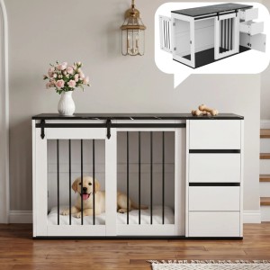 Merax Hundebox 140x60x87 cm Weiß Holz Metall Beistelltisch Marmoroptik