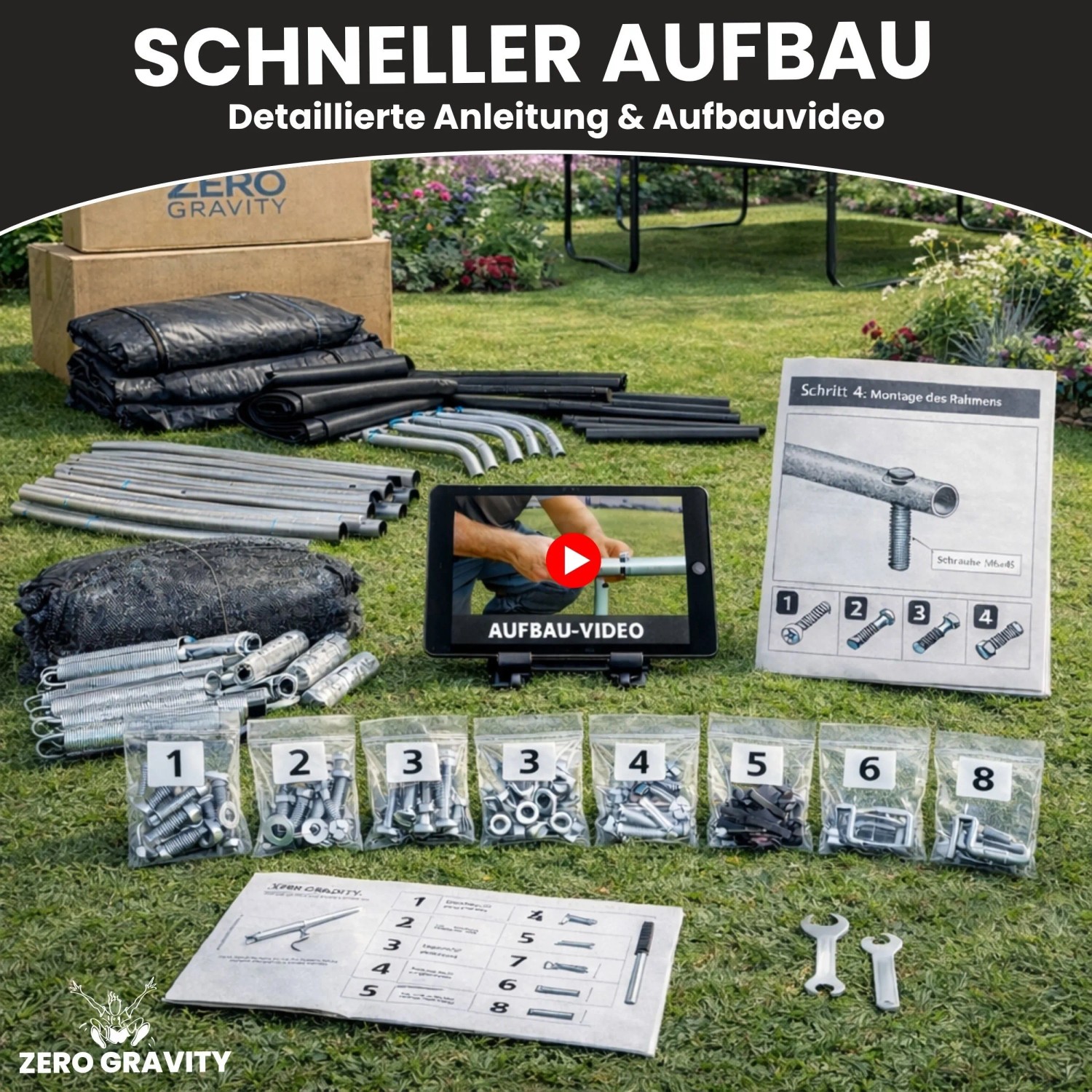 Zero Gravity Trampolin Outdoor 457x305cm TÜV GS Smartes Klappnetz mit Leiter und Bodenanker_7