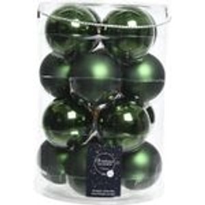 16 grüne Kaemingk Weihnachtsbaumkugeln aus Glas, 8 cm, glänzend und matt gemischt, in transparenter Verpackung.