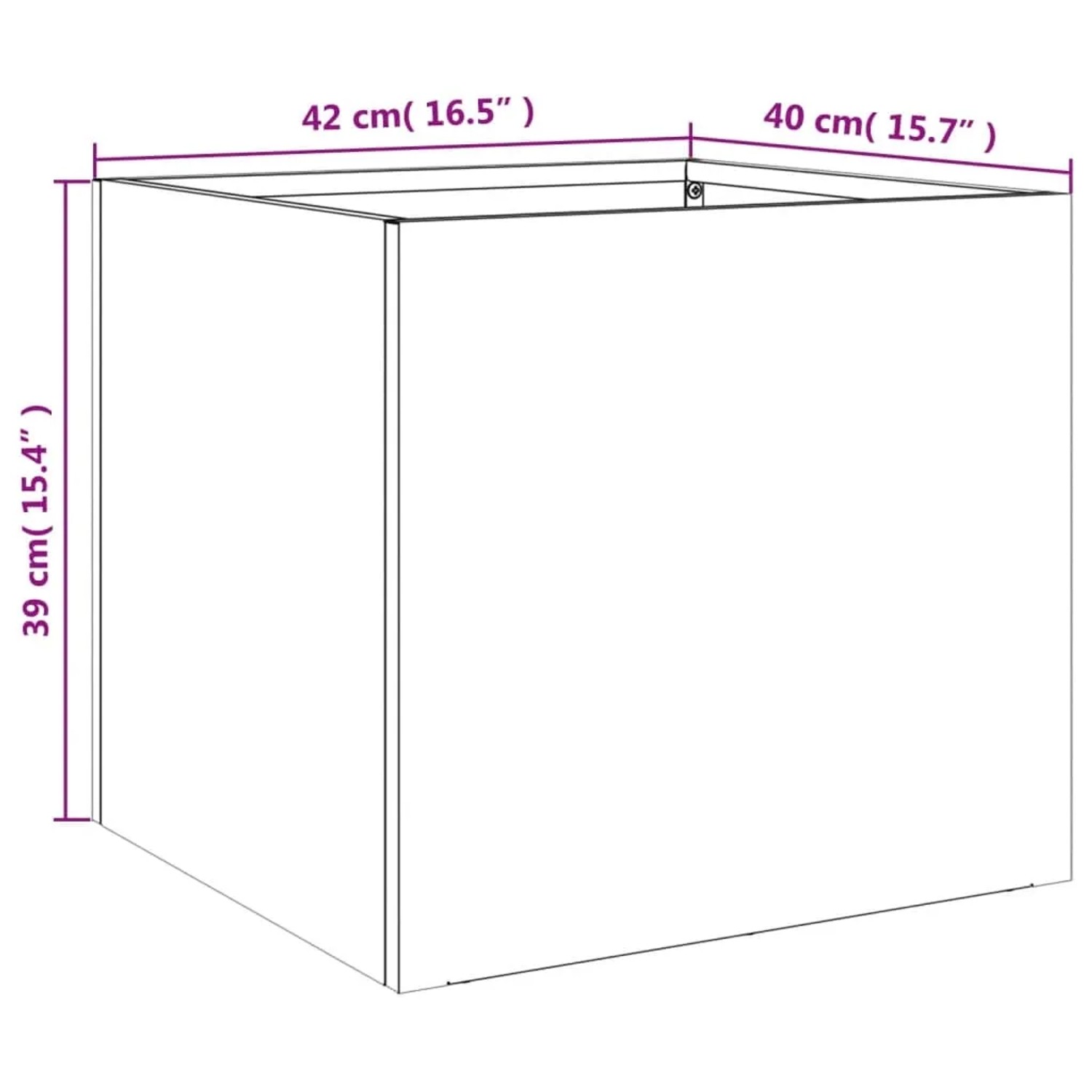 Rechteckiger Pflanzkübel aus olivgrünem Stahl, Maße 42x40x39 cm. Ideal für Garten, Balkon und Terrasse.