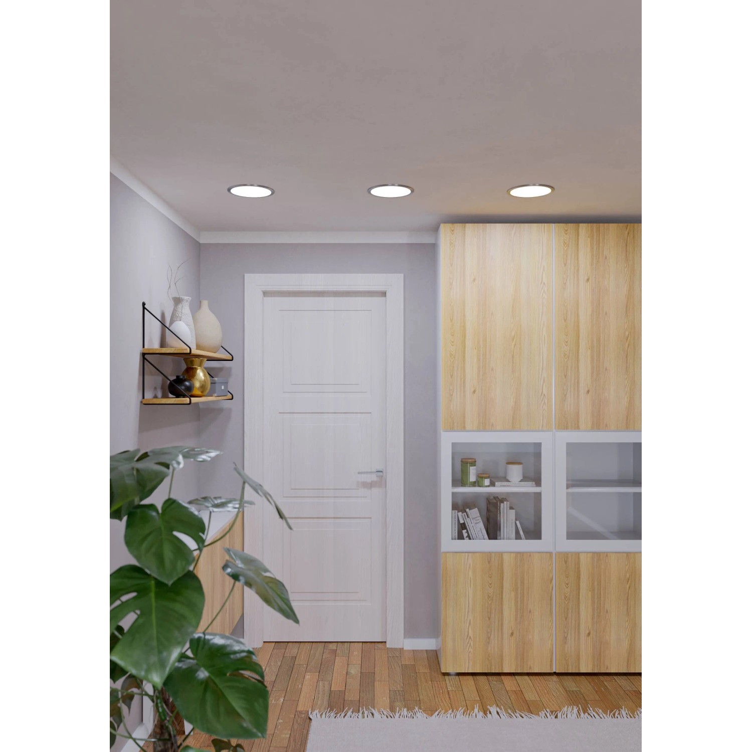 Eingebaute, smarte Eglo LED Einbauspots Fueva-Z, nickelfarben matt, im Wohnraum.