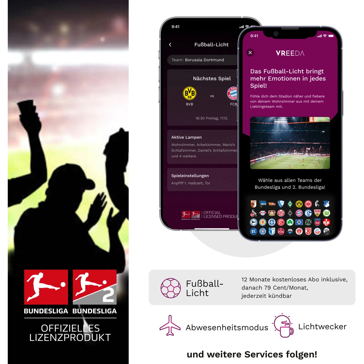 Just Light Smart Light: App-Screenshots mit Stadionatmosphäre und Bundesliga-Features.