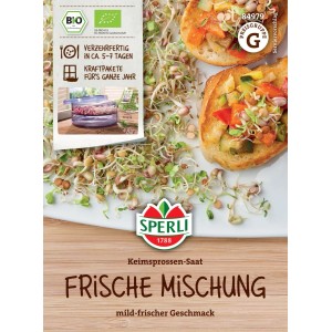 Sperli Bio Keimsprossen Frische Mischung: Packung mit Sprossen und Serviervorschlag auf Brot.