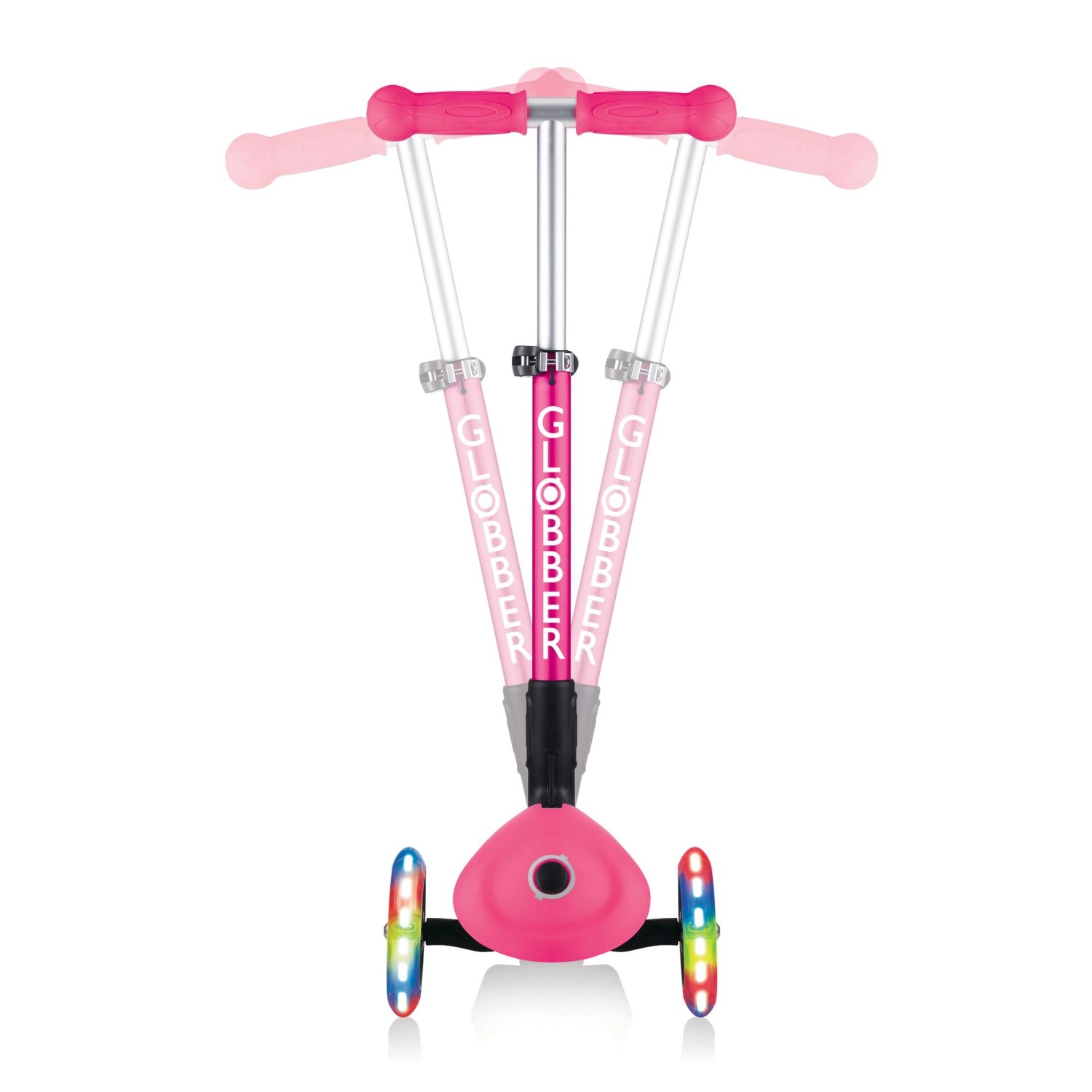 Globber Junior Tretroller, 3-rädrig, Fuchsia Pink mit LED-Leuchtrollen.