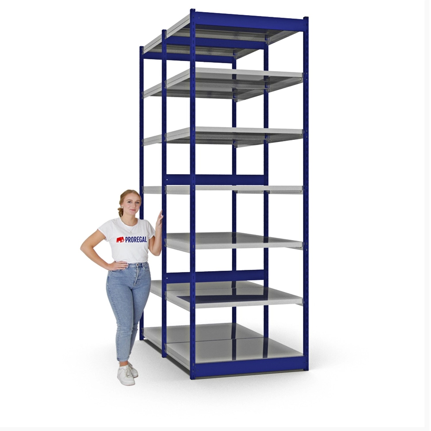 PROREGAL Fachbodenregal, Stecksystem, enzianblau, 7 Ebenen, 300x102,5x80 cm. Grundregal für Lager und Werkstatt.
