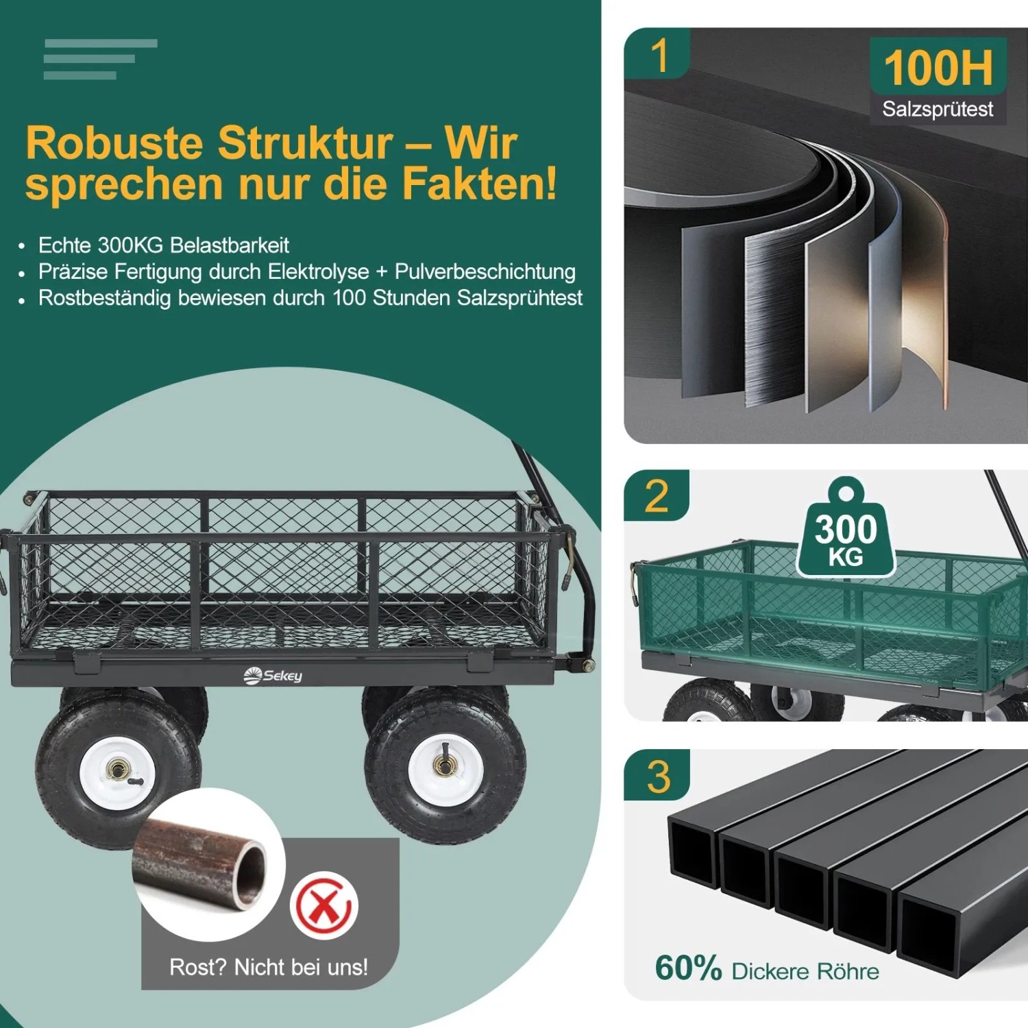 Sekey Garten Plattformwagen mit Luftreifen, abnehmbare Seitenteile, Tragkraft 300kg. Ideal für Camping & Zubehör.